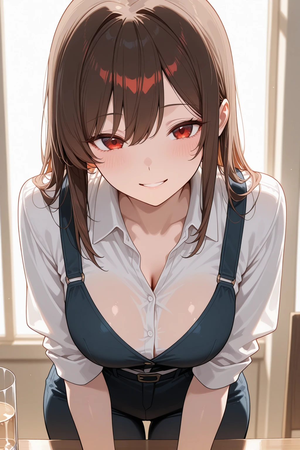 {masterpiece, distinct_image, extremely detailed CG, (extremely detailed fine touch:1.2),beautiful eyes and detailed face, (white_light, light rays, dappled light, ray tracing:1.2), photo realistic, 4k, 8k, high_resolution, (perfect_finger:1.5), (beautiful_detailed_eyes:1.3), glitter, white_light, (glow_white_face, front_light:1.3),{1girl, face_focus, looking for_in_viewer, cowboy_shot, standing},{adult,curvy, (huge_breasts, wide_hip:1.3),thigh_gap, groin, narrow waist, skinny stomach,(Fantasy Academy school student uniform, white button shirt, black bow tie, mini pleated skirt:1.7),(brown hair, long hair, red eyes, bangs, ponytail:1.3),absurd expression, embarrassed face}