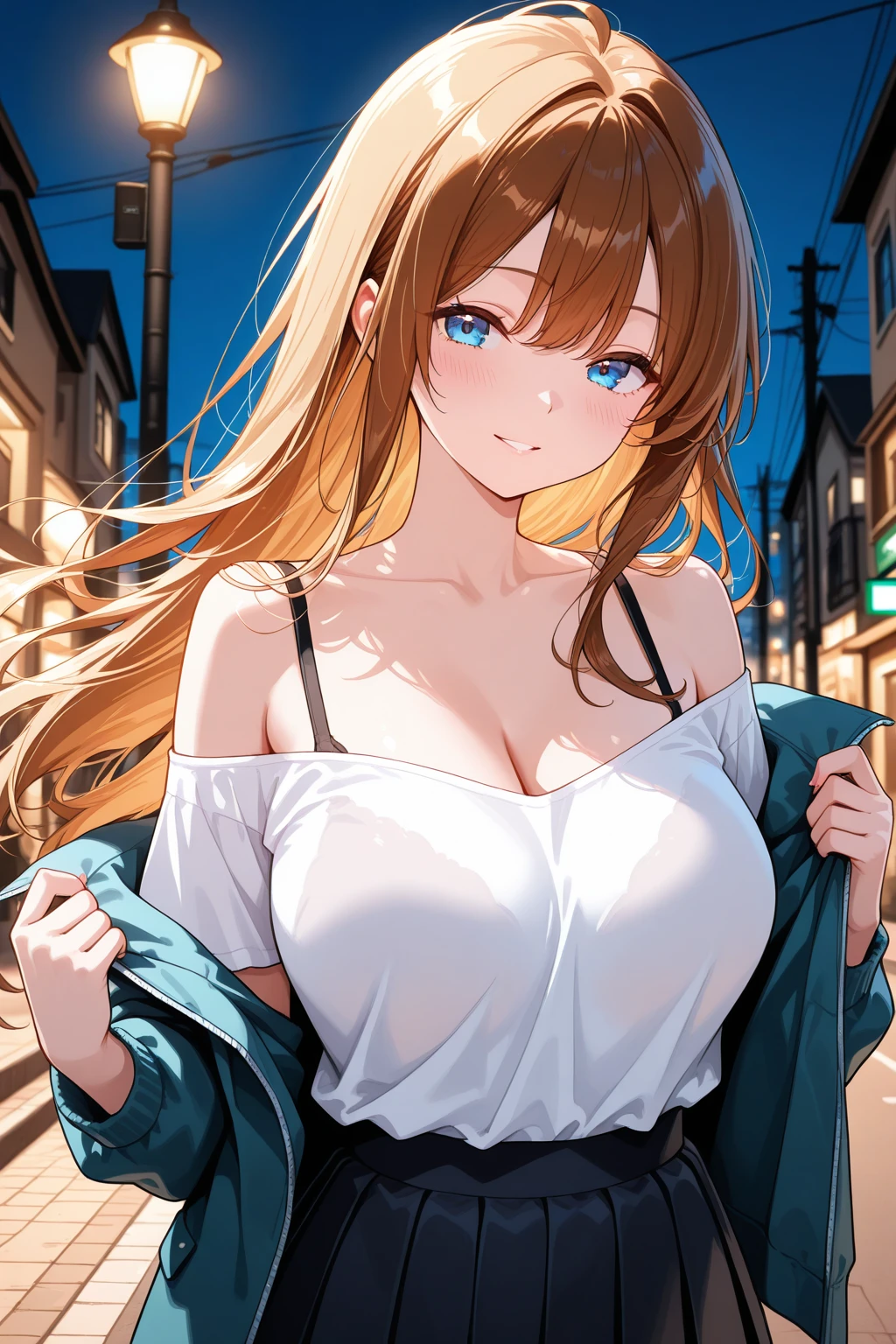 breast feed, touch breast, brown long hair, Laughing, Night, City, Wink, short pants, Black Shirt, I can see your shoulders