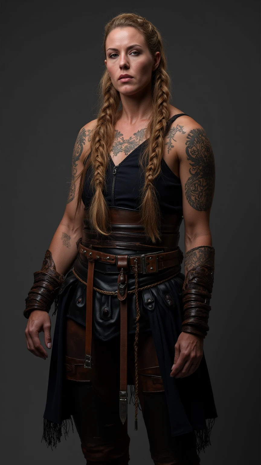 a chubby but muscular scandinavian woman, 35 years old, blonde hair,sidecut and braided hairstyle, nordic tattoos,medieval clothing in modern city,detailed face,intense expression,dramatic lighting,8k,high quality,photorealistic full body shot