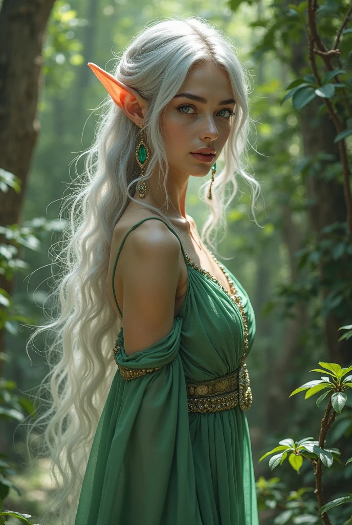 Dolly is a young elf with long silver hair that falls in soft waves down to her waist.. His eyes are a deep green, reflecting the serenity of ancient forests. Her skin is clear and has an ethereal glow., as if always bathed in moonlight. Dress in simple, functional clothes, generally made from natural fabrics and dyed in shades of green and brown, adorned with small accessories made of leaves and flowers.