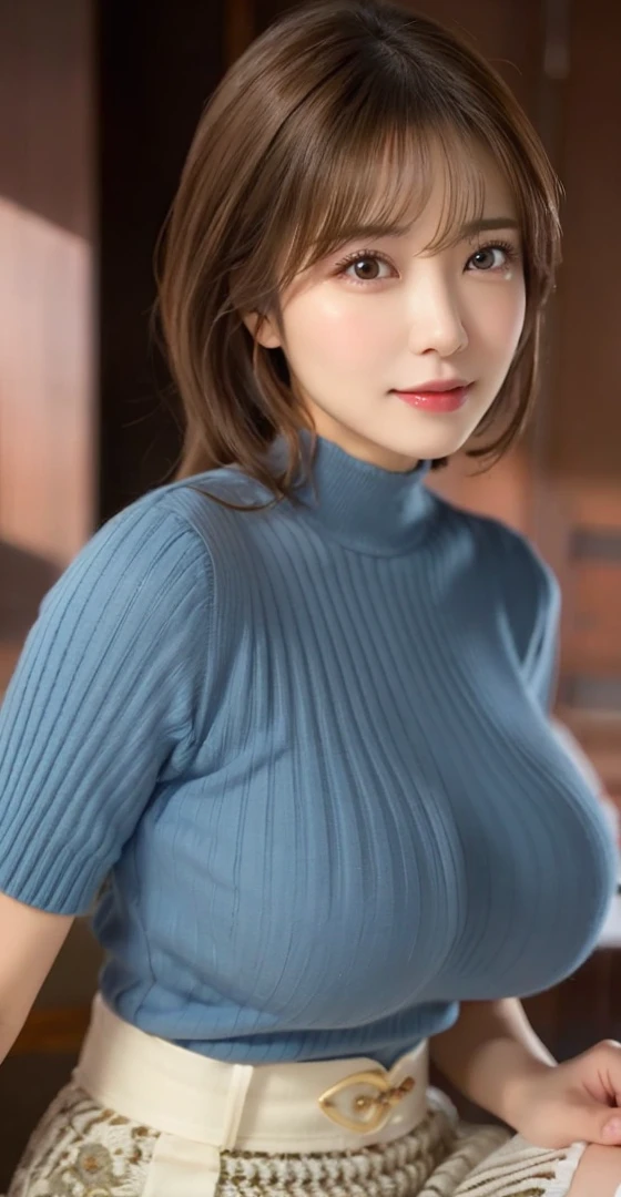 （masterpiece、high resolution、high quality、ultra high resolution、Delicate、8k）1 female、brown hair、long hair、curly hair、clear eyes、dense lips、shiny skin、slim、slender、Blue tight knit dress、beautiful breasts、Inside a love hotel、Window、full moon、night view、Light