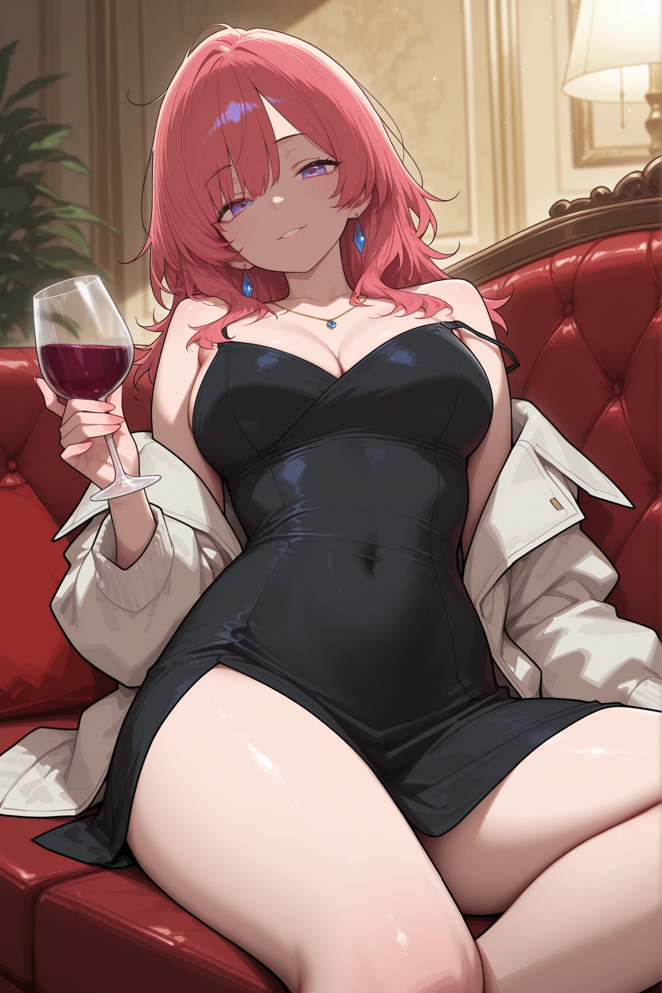 A gorgeous woman reclining on a sofa with an empty wine glass, slightly messy hair and a jacket slipping off her shoulder. Her gaze is dreamy and seductive.