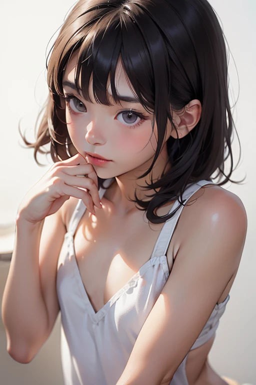 ((top quality, 8k, masterpiece: 1.3)), beauty, 1 girl, beautiful: 1.3, slender abs: 1.1, dark brown hair, (kneeling on the floor, legs open: 1.2), ultra detailed face, highly detailed lips, detailed eyes, double eyelids