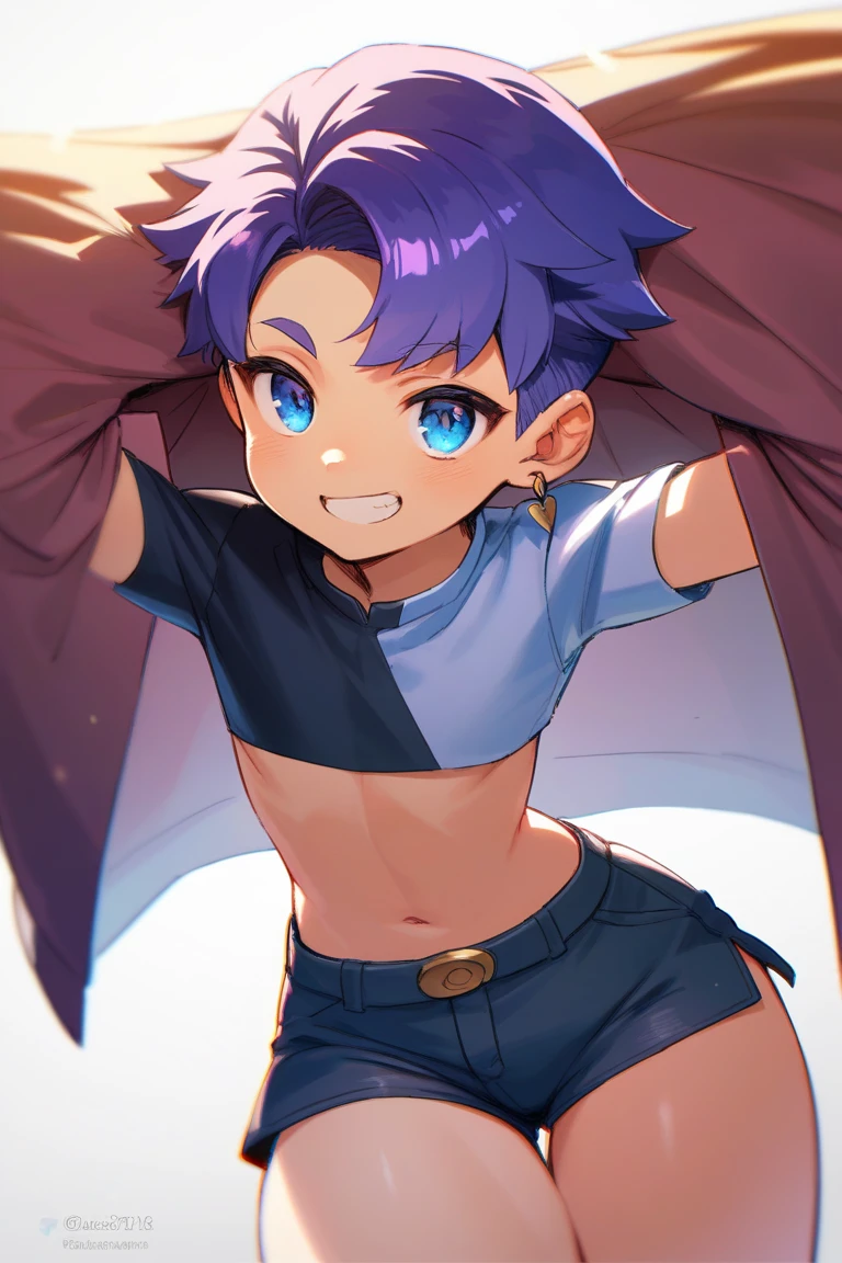 ((masterpiece, best quality)), (1boy), (solo), (male focus), (ahoge, , short hair), blue eyes, light smile, closed mouth, ((white blue tank top ), (jewels on neck), (strong arms)), ((necklaces), (white baseball cap )) (( blue demon horns )), ((, (( white long gloves on hands and arm)) ((blue fishnet shirt under tank top)) ((Elf ears)) ((glitter)) (shimmer) (( white rings)) ((white bracelets)) standing, light blue background,, dynamic angle , high angle, (( earrings)) (blushing)) (( freckles)) ((black hair)) ((hands on hips)) buff arms , demon, seductive eyes baseball cap on , white jewel wrapped around bicep, light eyebrows (( no crop tops))