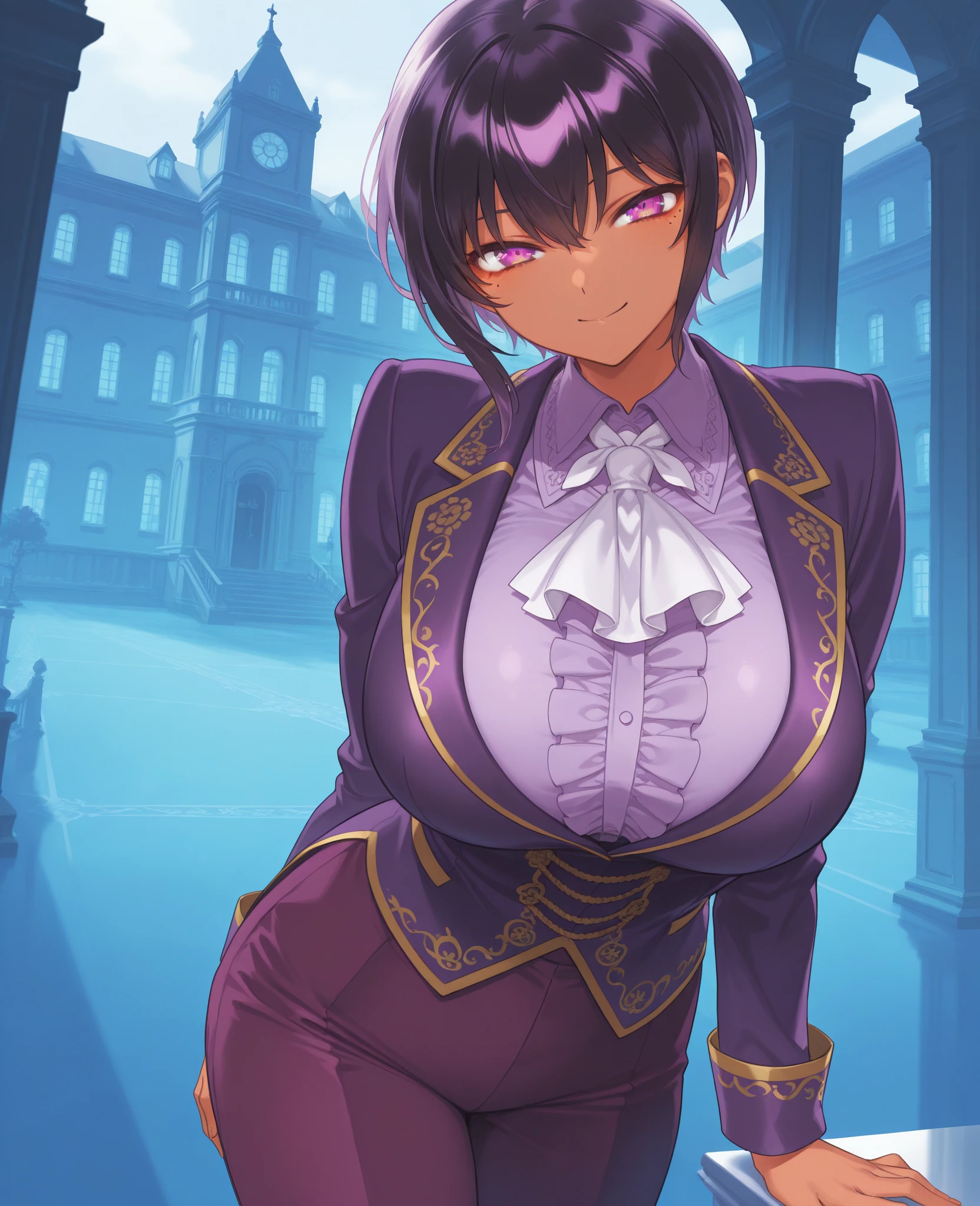 cowboy shot, black hair, short hair, goth, purple dress, long sleeve, gold buttons, black corset, purple eyes, breasts, smile, gothic library, dark background, <lora:Sokunasu:0.7>