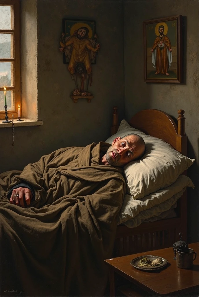 A sick peasant man lying on his side in his bed