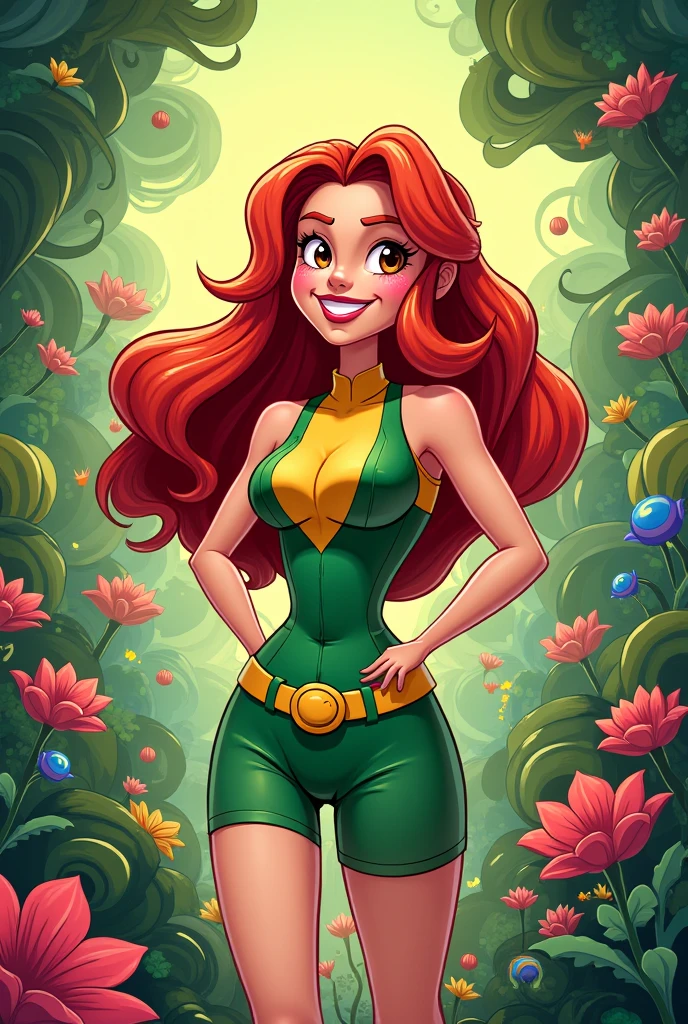 Realistic portrayal:1.2, photorealistic, 8k, Sam from Totally Spies! long slightly wavy orange hair, emerald green eyes and fair skin; smiling,wearing a turquoise colored dress that stops at her knees with a white collar. , wide-angle shot, high-angle shot
