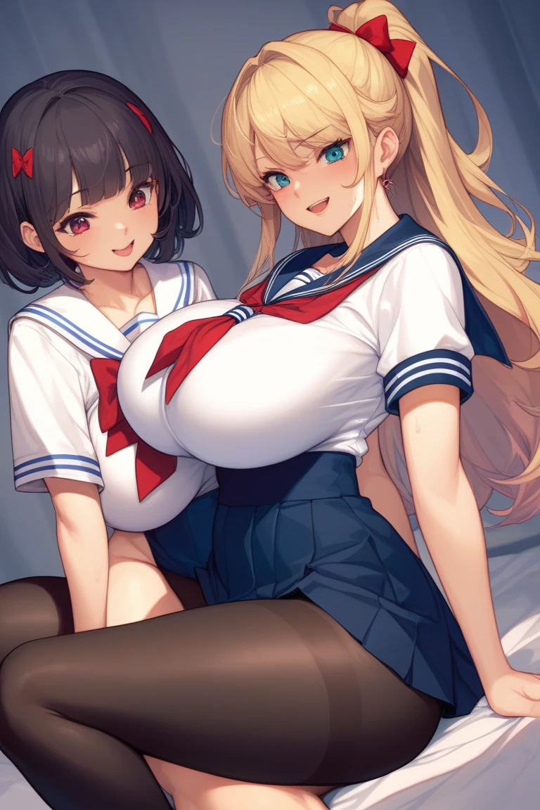 rensouhou-chan, shimakaze (kancolle), 1girl, solo, long hair, breasts, looking at viewer, blush, skirt, blonde hair, large breasts, simple background, hair ornament, thighhighs, gloves, white background, navel, hair between eyes, closed mouth, underwear, , collarbone, yellow eyes, pleated skirt, hairband, serafuku, sleeveless, elbow gloves, striped, white gloves, miniskirt, sailor collar, blue skirt, crop top, wet, neckerchief, sideboob, skindentation, highleg, black hairband, blue sailor collar, striped thighhighs, alternate breast size, microskirt, black neckerchief, anchor hair ornament