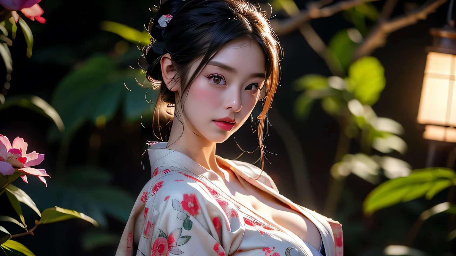 A photo of a young, nerdy malay woman in hijab (Photorealistic: 1.2, highest quality, 8K, Wet: 1.3), (Female, 20 years old, Malay in hijap, cherry blossom kimono, Sweat: 1.2, Wet: 1.2, Cleavage, Big breasts, Big ass: 1.3,, Smooth skin, (Film lighting), lying on the bed, Soft light, Double eyelids, (Flirting), ((excited))
