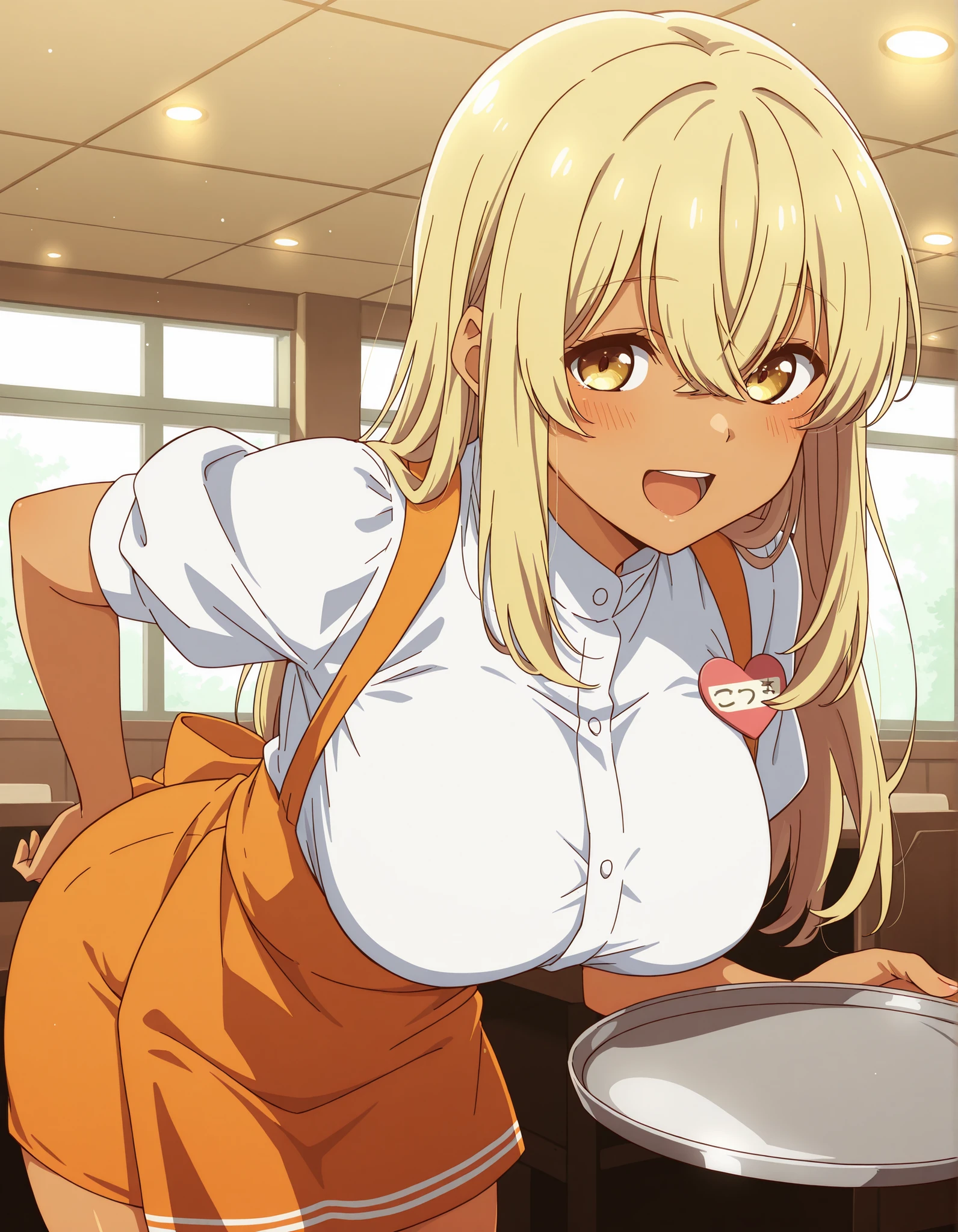 Score_9, score_8_up, score_7_up, source_anime, kana higa, solo, long hair, bangs, blonde hair, hair between eyes, yellow eyes, tanned skin, large breasts, (best quality), (high quality), {masterpiece}, extremely delicate and beautiful, ultra-detailed, beautiful detailed eyes, anna miller, waitress, white shirt, short sleeves, puffy sleeves, orange suspender skirt, high-waist skirt, waist orange apron, name tag, restaurant, indoor, holding silver tray, smile, open mouth, leaning forward