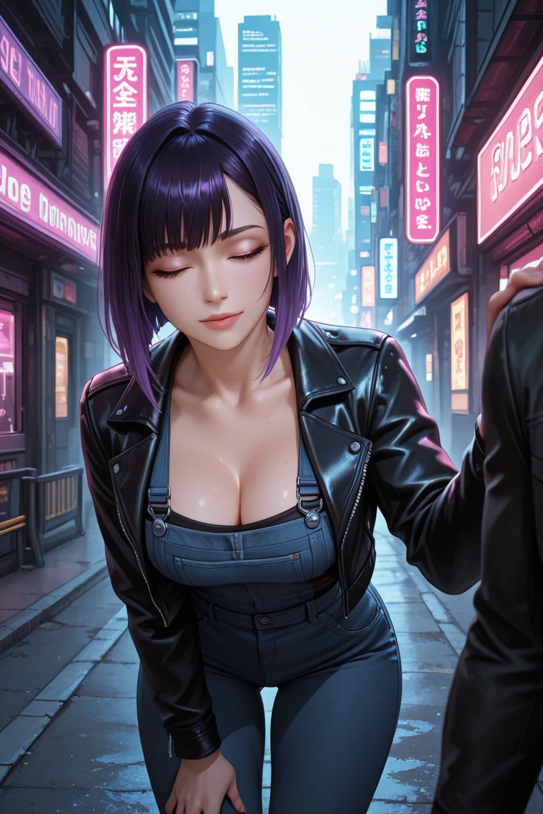 1 woman, she is Japanese, inside a city at night, wearing a black blouse, feminine yellowish brown eyes, fair and detailed skin, large breasts, ear piercing, short purple hair, dramatic lighting, cinematic composition, mouth piercing, dark palette, dark colors, atmospheric fog, angry face, thin chin, serious face, serious face, beautiful woman, adult woman, ultra realistic, adult woman (best quality, 4K, 8K, high resolution, art: 1.2), ultra detailed (realistic, photorealistic, photorealistic: 1.37)
