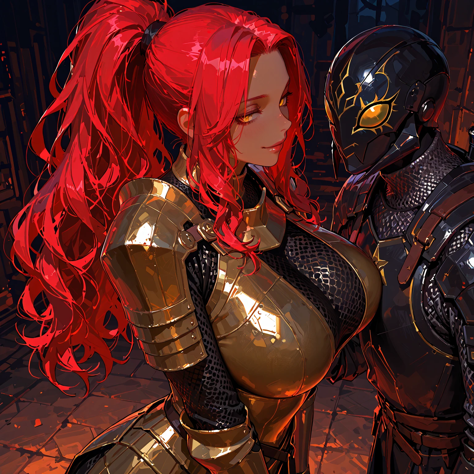 1girl, 1man, a sensual female paladin with a short strawberry blonde pony tail rewards a gloating orc chieftain with black hair for his victory with her body, kissing, embracing, seductive eyes, aroused, undressing