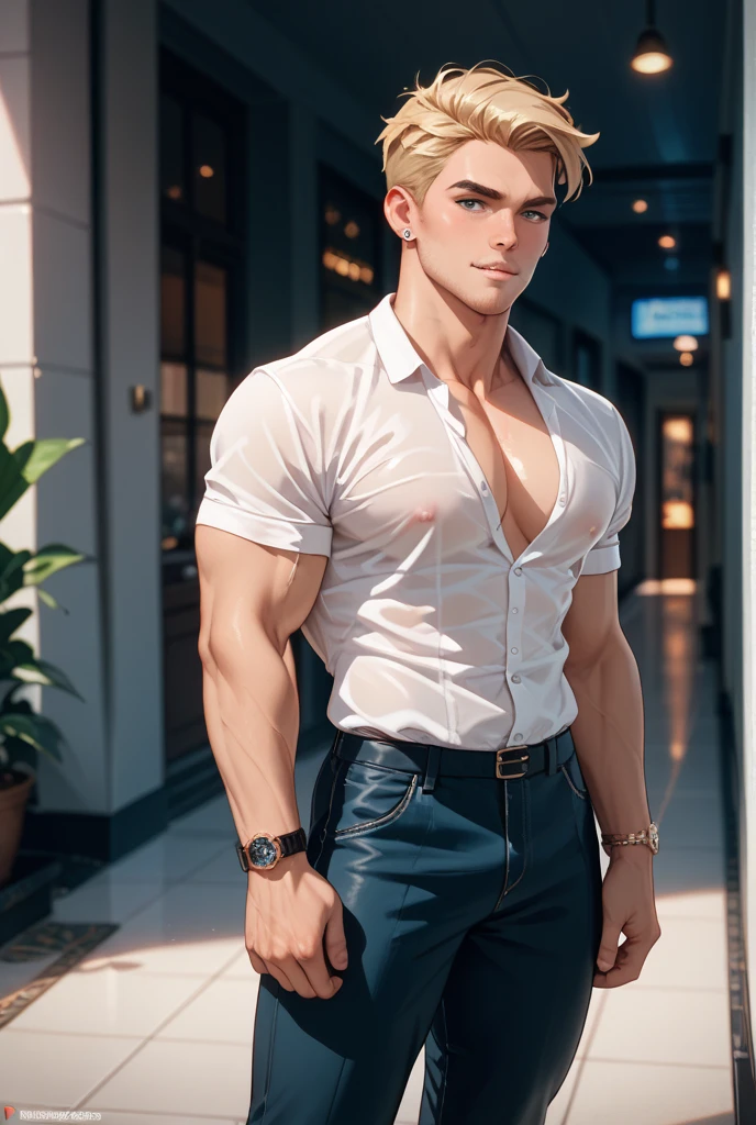 photography taken by canon eos r5, stunning full body, asymmetrical face, Celtic male, handsome, muscular, 21 years old, Smooth olive skin, Opal eyes, Blonde short hair, standing, Detailed face, hairy chest, lary bud melma, pubic hair, beautiful eyes and hair, flawless bright skin, perfect eyes, good anatomy, Perfect white balance, Sun lighting, rim lighting uhd, ( art by norman rockwell) , prime photography, smooth crisp line quality, washed out colors, Bohemian hairstyle, Man With hairy muscular body, , full body shot of showing detailed intricate work, award winning photography, striking image, meticulous attention