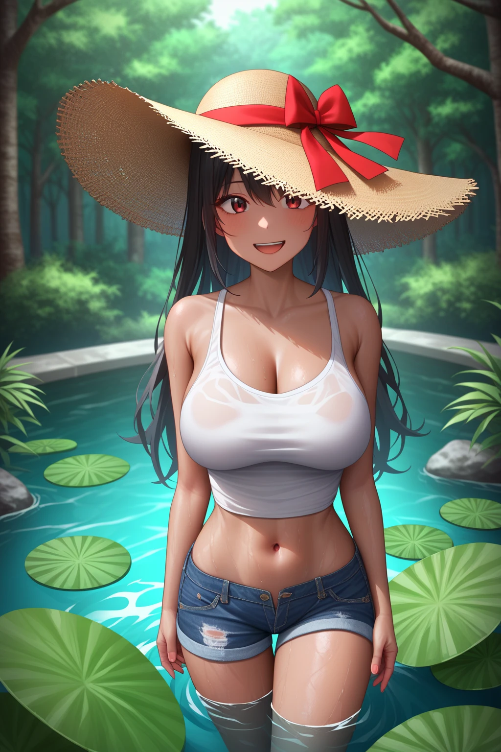 1 Girl, solo, Lace pink lingerie，bra，Skinny jeans，Look at the audience 1:5，Sitting on the lake，Large breasts and breasts，Perfect body，black hair，Messy Hairstyle，The background is a frozen lake，shy，Cucumber in hand
