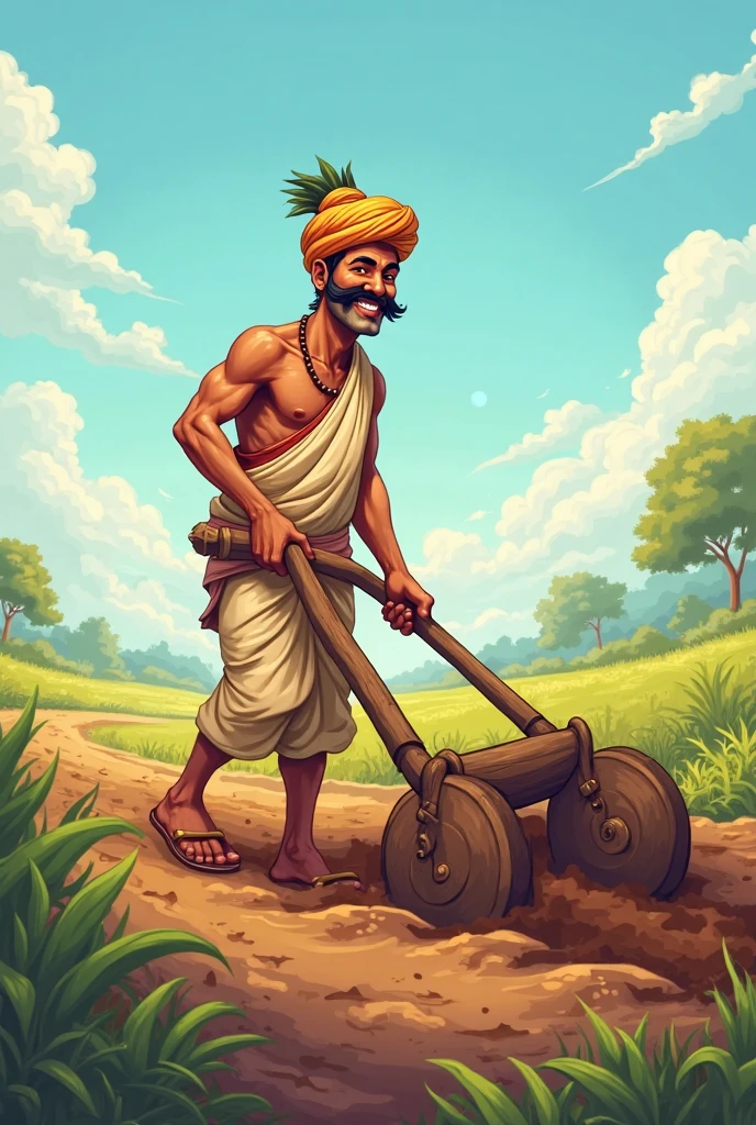 A young farmer wearing pagdi and dhoti while tilting the land with riding a tractor plough.