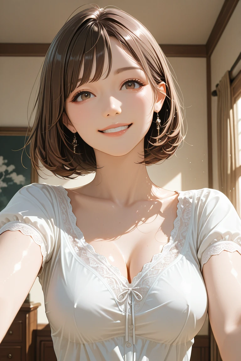 ((Realistic Light, Highest quality, 8k, masterpiece: 1.3)), 1 girl, A beautiful and fruitful year, Brunette Bob, (Big Breasts), Random color off-shoulder cut top: 1.3, Highly detailed face, Beautiful Eyes, double eyelid, smile, Cleavage, Saggy breasts, (My Room), morning