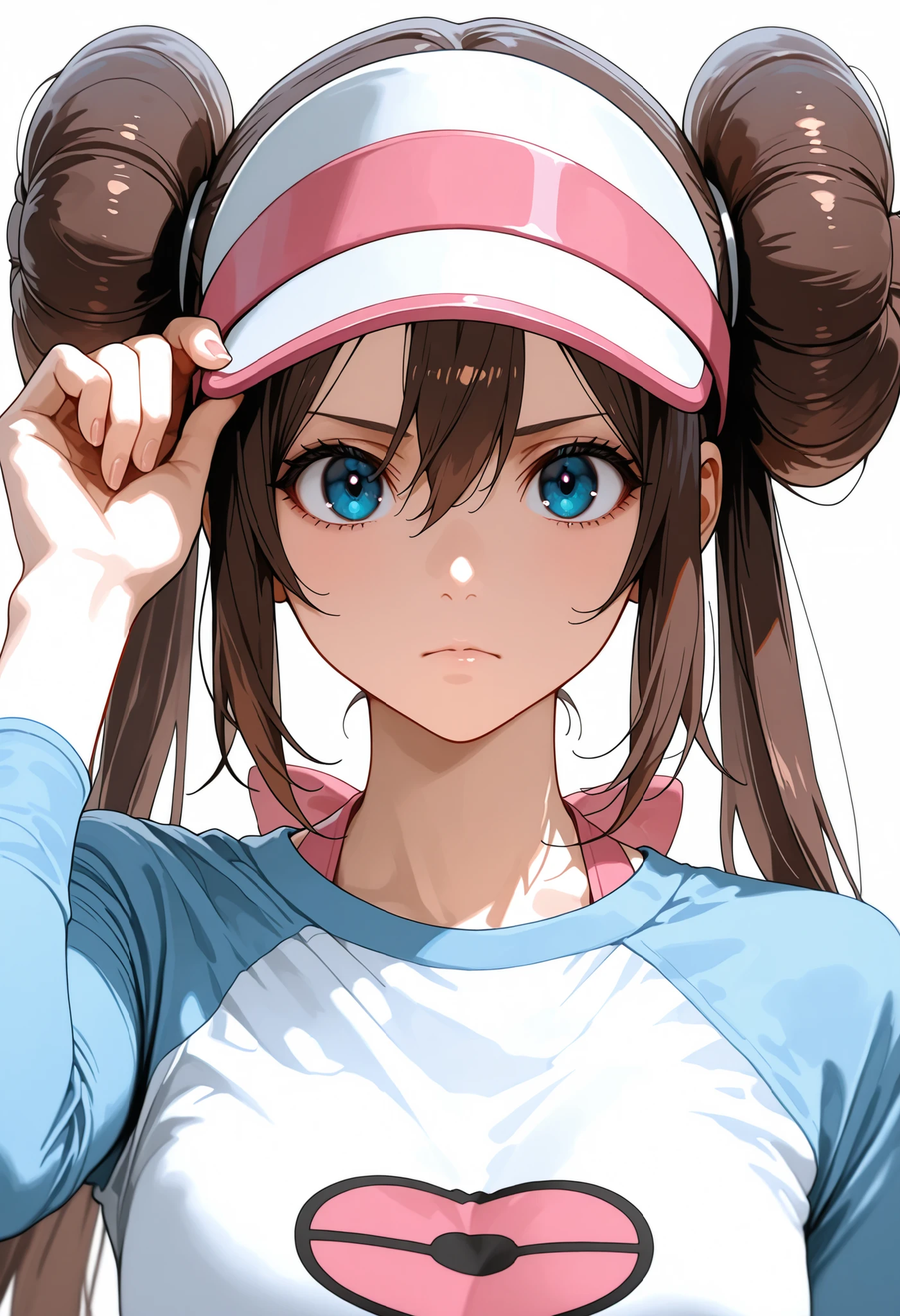 score_9, score_8_up, score_7_up, nh, hat tip, hand on headwear, adjusting headwear, tipping_hat, upper body, serious, face focus, 1girl, solo, rosa, brown hair, double bun, doughnut hair bun, hair bun, blue eyes, hair between eyes, twintails, raglan sleeves, white shirt, blue sleeves, long sleeves, visor cap, looking at viewer,