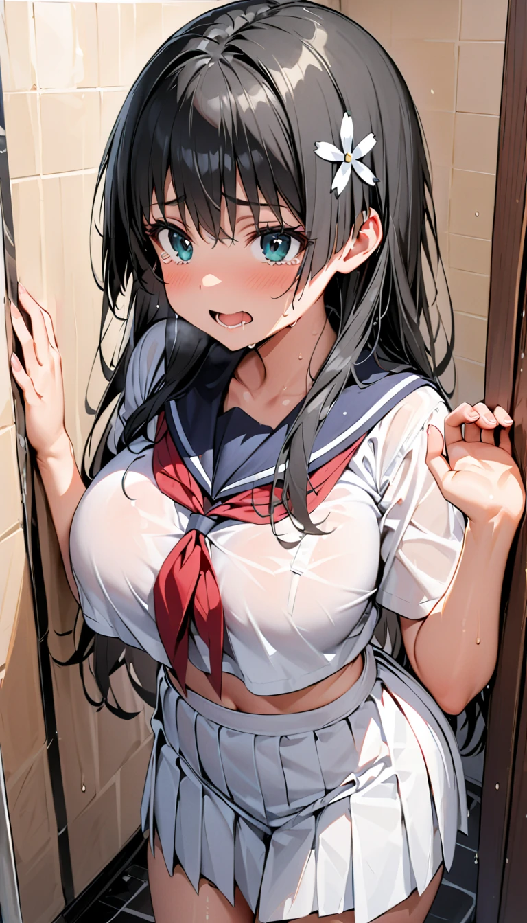 Highest quality, Super detailed, masterpiece, Ultra-high resolution, 8K, Embarrassing, blush, Lovely, Close one eye, With tears in her eyes and her mouth open, drooling, (arms behind head), wariza, (off-shoulder sailor uniform, micro mini skirt), cleavage out, crop top navel, 1girl, nakano azusa, K-On!, medium breasts, Absolute area, Waistline, (Shower room, I take a shower)