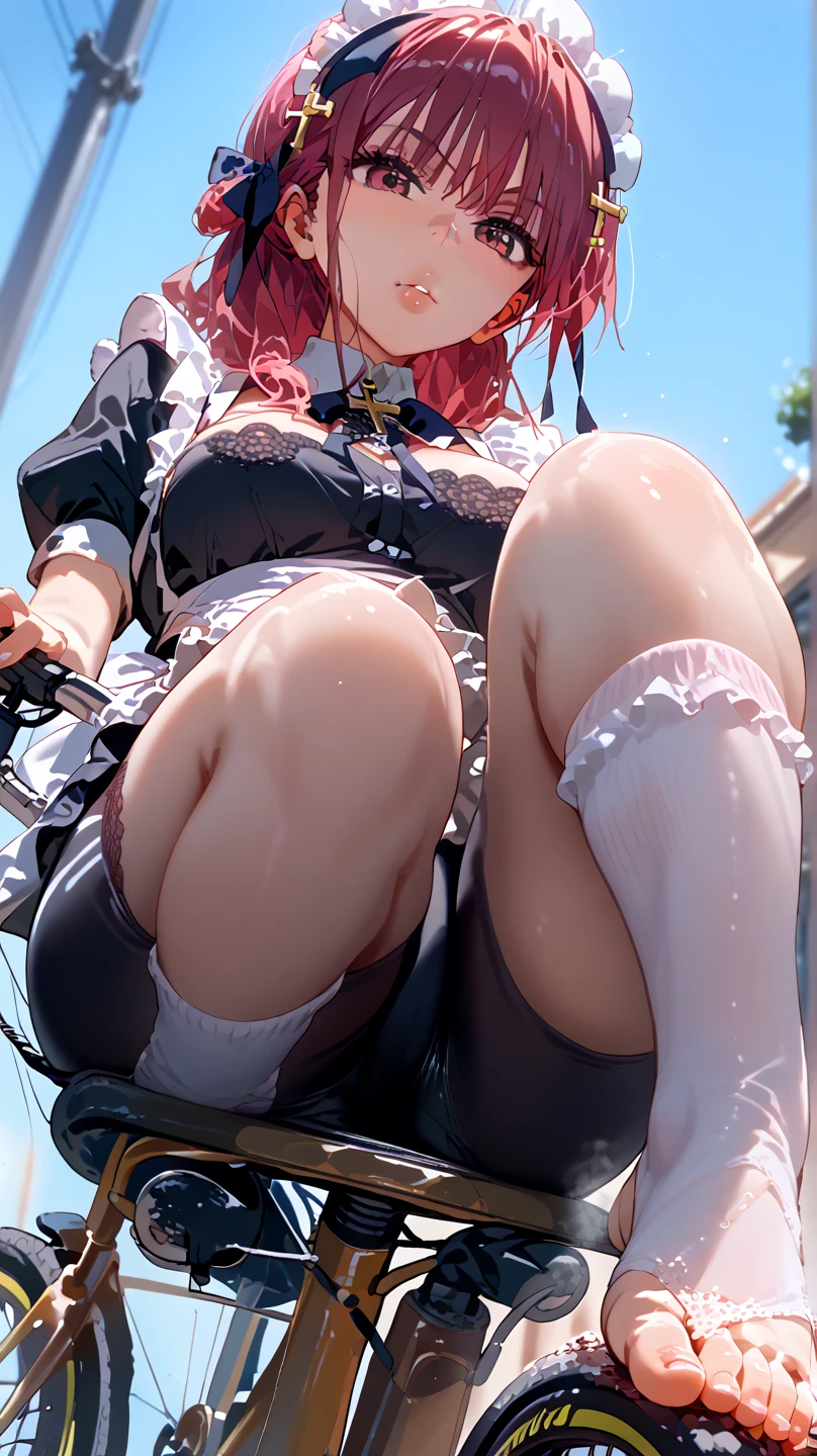 ((Highest quality)), ((masterpiece)), (detailed), Perfect Face、NSFW、Big Breasts、Squat、Leg spread、((M字Leg spread))、solo、From below the front、、Ahegao、Fold your arms behind your head、Yuuki Asuna、Sexy Lingerie、Dirty Panties-、