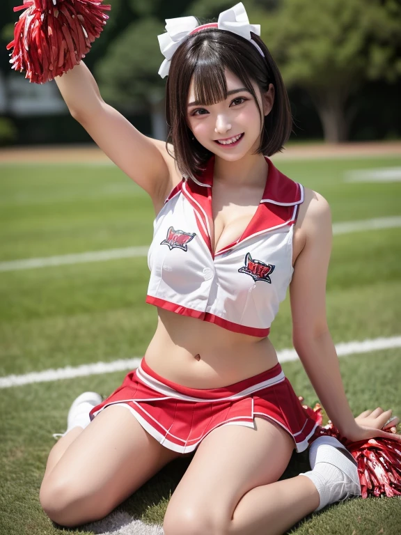 (8k、live-action、Raw photo、highest quality、masterpiece:1.2),(Outdoors),((Perfect lighting)),(Wet hair),Watching the audience,Sexy pose, cute smile,18-year-old,student,White skin,knees,Small Face,Part the front hair from the center、The forehead is visible,skinny,skinny)、masterpiece,highest quality、超A high resolution,one person, solo,Close-up shot、cute、Back to Students,(Red cheerleader outfit:1.3),High school girl,Japanese women,(Photoreal:1.37)、Photon Mapping,Realistic、cuteSmall Face,Brown eyes、prospect、Depth of written boundary、Blurred Background、Real,(I can see the front hair), hair, I can see the knees, thigh,(Nogizaka Idol), actress、Big and ample breasts、Cleavage、Super fine、Low people、(Skin with visible pores:1.2)、(Focus on the face)、8 heads、Natural neck、Check and correct the skeleton, (large breasts:1.8), (Slim body:1.3),
