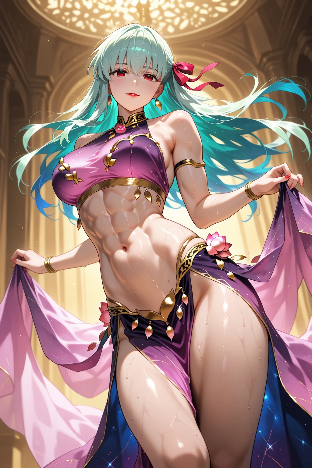 4k.hight resolution,One Woman,Pink hair,Short ponytail,huge tit,hime,Pink Arabian Dancer Dress,Navel Ejection,Gold Bracelet Red,Gemstone Earrings,jeweled costume,The Queen's Tiara,Inside the palace