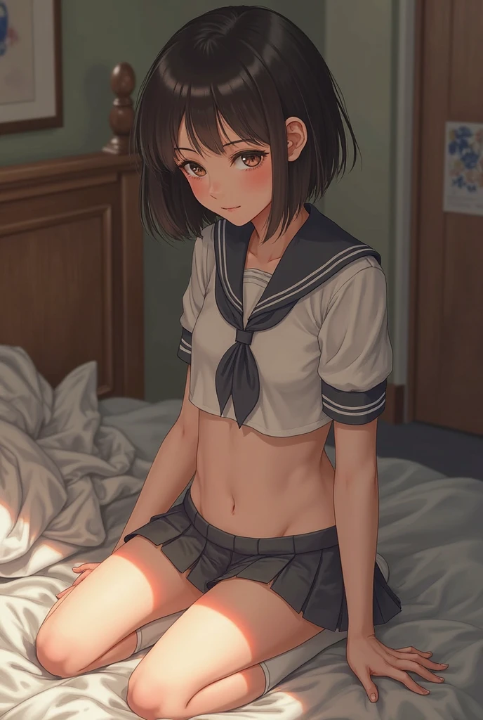 ((masterpiece,best quality)), highres, extremely detailed 8K wallpaper, depth_of_field, best shadow, (Colorful),(Delicate eyes and face), nice hand, Perfect hands, volumatic light, Ray tracing, BREAK
(1girl in), mogami \(kancolle\), black hair, short hair, black eyes / green eyes, swept bangs, small breasts, slender, skinny, open mouth, smile, blush, BREAK,
(wear white short length school uniform top:1.3), (sailor collar:1.5), (red tie:1.3), (Parted clothes at the top and bottom:1.2), (short sleeves:1.1), (white string panty:1.3), (bare navel), (under boob), (black lace stockings:1.2), High heels, BREAK,
Cowboy Shots, Looking at Viewer, stomach focus, bedroom, dildos on bed, Ultra detailed backgrounds,