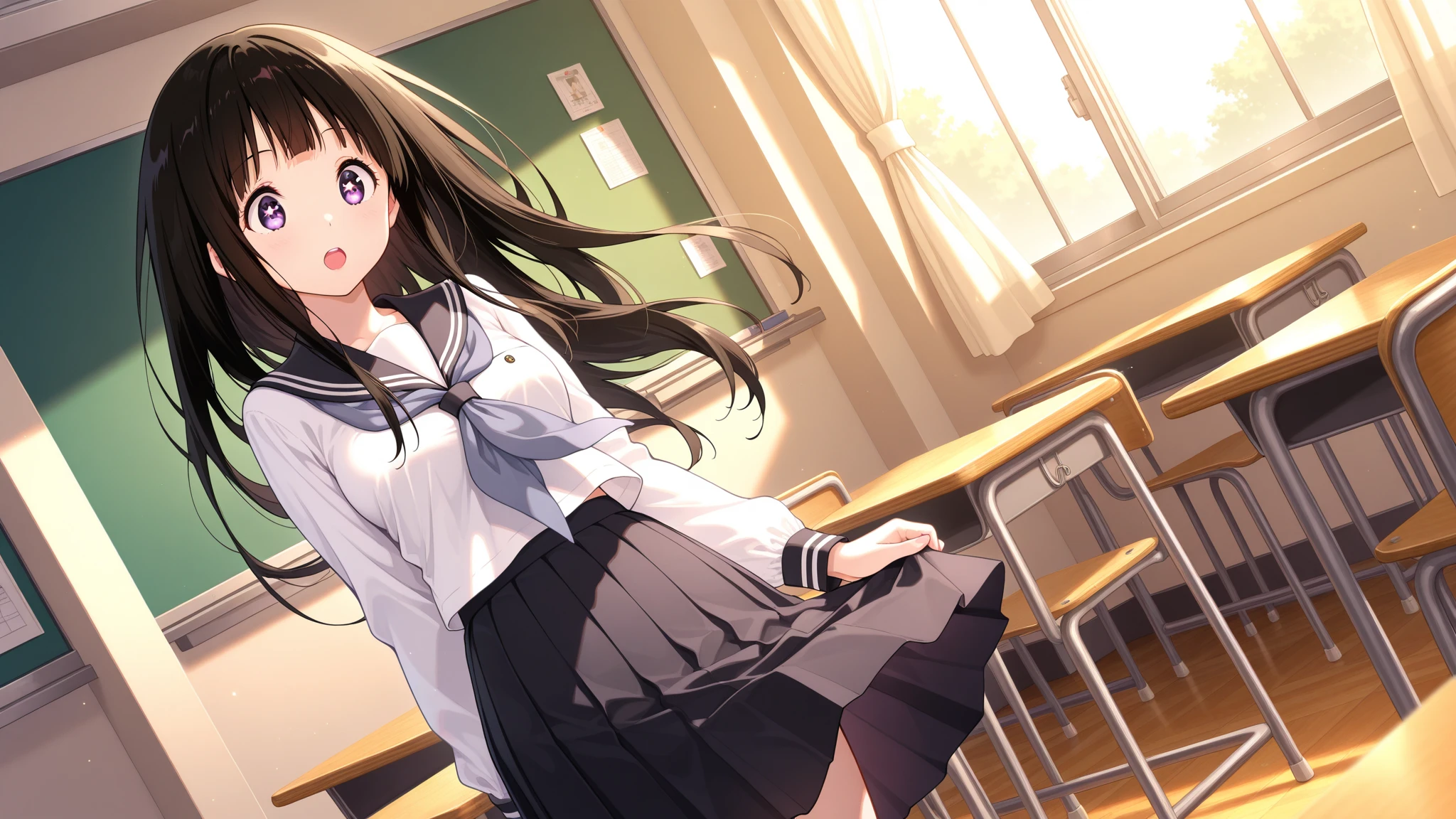 Black Hair、School uniform cardigan、Background room、Anime Images、Long Hair