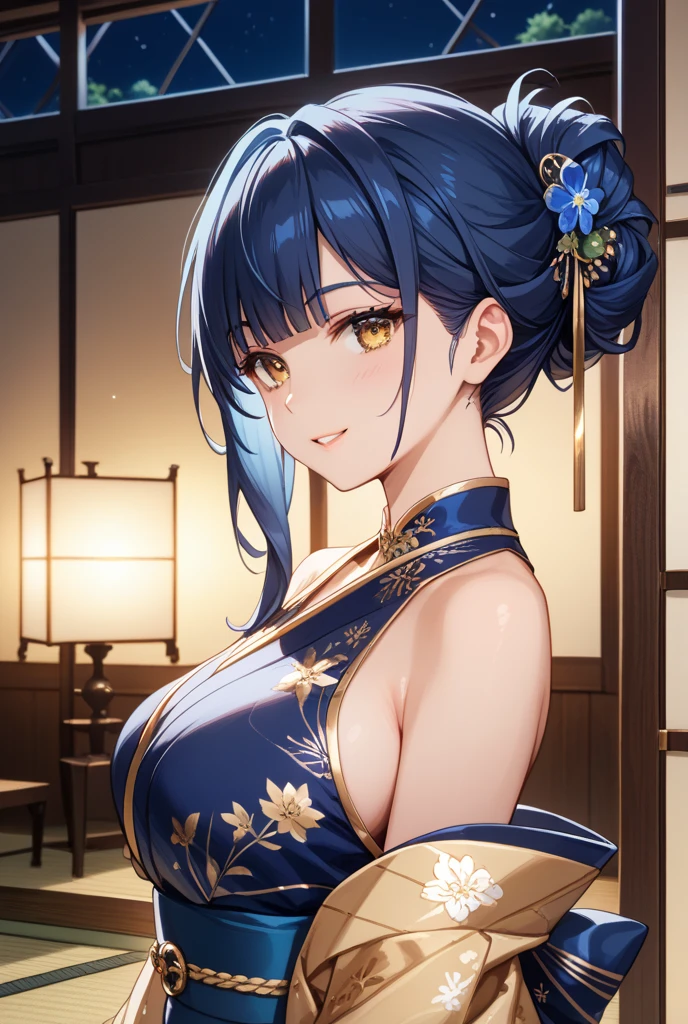 ((Highest quality)), ((masterpiece)), (detailed), （Perfect Face）、The woman, Akane Kurokawa, has her medium-long blue hair tied up in a bun. She is dressed in a gorgeous red Chinese dress with gold embroidery and trimmings, and is lavishly decorated with gorgeous accessories and an engagement ring.