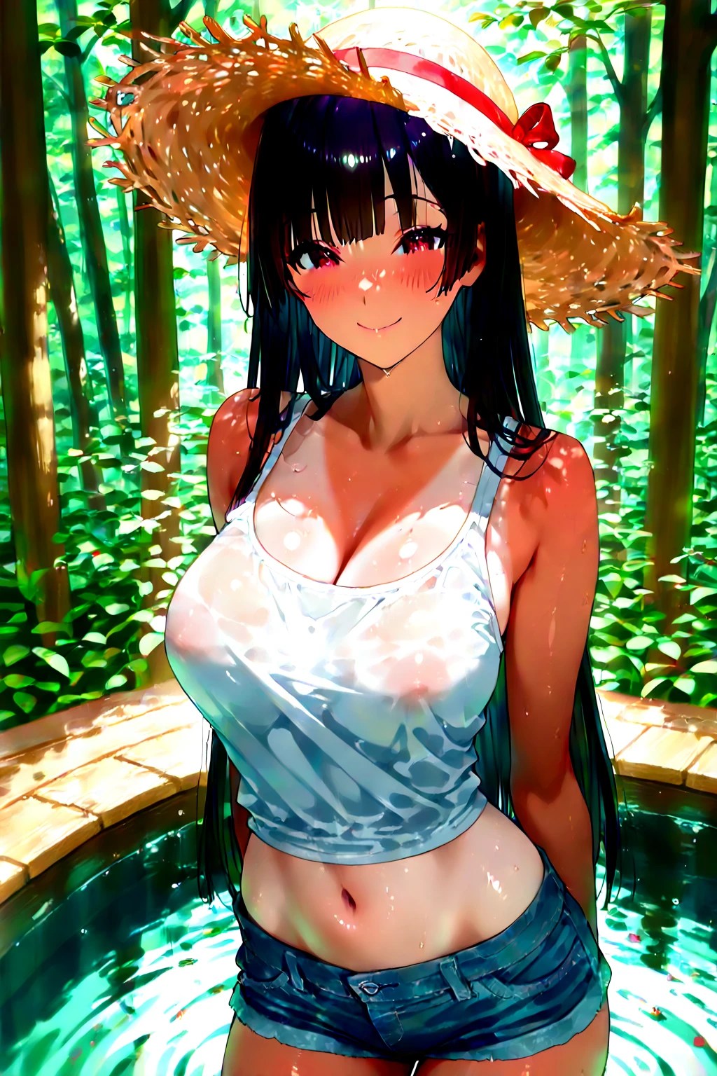 masterpiece、high-level image quality、photographrealistic、a beauty girl、Japanese garden、Shiny hair、Longhaire、huge tit、Upper body shots、The wind is blowing naked tits out