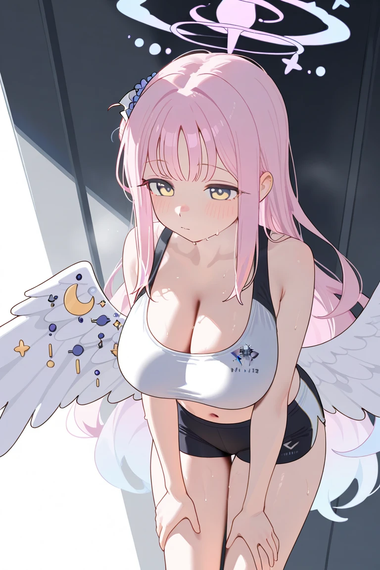 (masterpiece:1.2), best quality, high resolution, Unity 8K wallpaper, (illustration:0.8), (Beautiful and delicate eyes:1.6), Extremely detailed face, Perfect lighting, Extremely detailed CG, (Perfect hands, Perfect anatomical structure),1 girl, , Solitary, , Black_shorts, Play_, Purple_With eyes, shorts, Lopez,pink_hair, Double tail, hair_deco, fail, fail_, blush, curtain, sit, Sweating, Dutch Cupola_Cupola, indoors, fail_Play_, _Shoulder, band_Clip Slip, By Bangs, Deactivate_beak, star_(Symbolism), _top, short_shorts, star_hair_deco, window, V-shape_Eyebrows are very, clavicle, vague, Large_, _Clip Slip, Ahog, dolphin_shorts, Play_Plays, vague_background, Jewel-like, Side lock, White__top, varies through, shirt, short_Double tail, breast，nipple，underwear，White_shirt,
