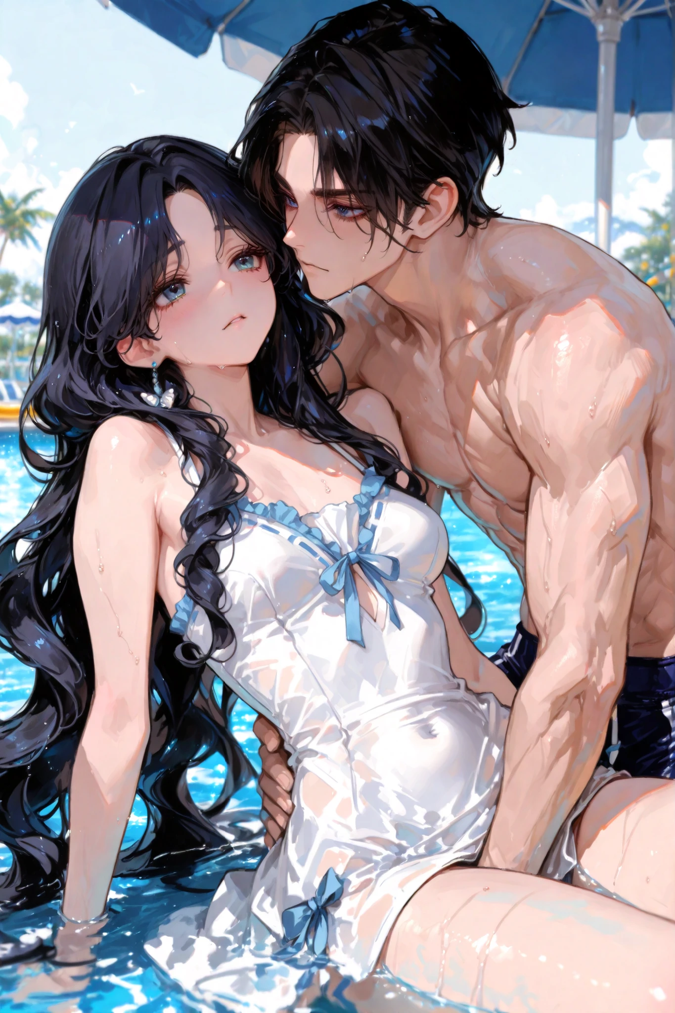 NSFW,masterpiece,Highest quality,High resolution,Super detailed,Yukinoshita Yukino\(My Youth Romantic Comedy is Wrong as Expected\),Black Hair,Long Hair,Light blue eyes,High quality sexy bikini,Halter neck,Small breasts,Embarrassed,blush,beach,Palm tree,Beach parasol,Beach House,(cheerful man),Pick up a girl,The man puts one hand on her waist and hugs her from the side