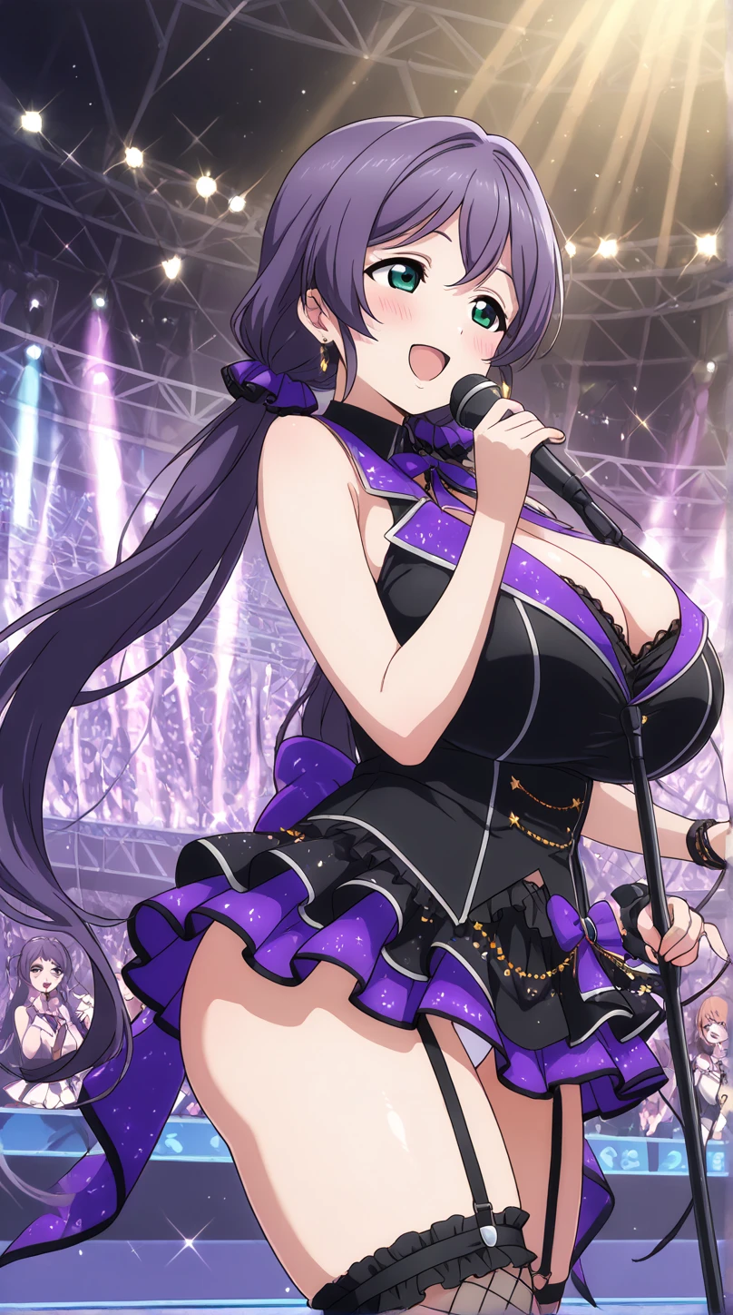 furuderika, long hair, purple eyes, blue hair, blunt bangs, , pink bow, , large breasts, , pink bow, live stage, nipple, naked, solo, Peeing, lactation, projectile lactation, , Sweating profusely, Love juice, Wet Woman, female ,