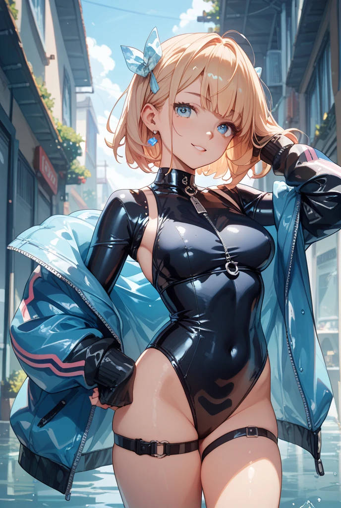 (((pixel-perfect, detail-perfect))), 1girl, medium breasts, suit, ((leotard, highleg leotard, light blue leotard)), bare legs, shoes, city backdrop, solo, single, outstretched arms, standing, spins fast in place like a tornado, tornado winds, speed lines, motion blur, full body shot, cowboy shot, beautiful detailed eyes, blonde hair, short hair, wavy hair, high school backdrop, outdoors, mature lady, teacher, perfect body, good proportions, powering up