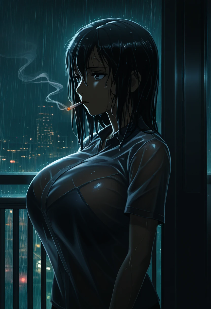 Masterpiece, Ultra extremely detailed, Insanely Definition - quality, 8k, (vibrant colors,vibrant theme), (intricate), full body , NSFW A beautiful woman with perfect body , Slim abdomen , Layered haircut, Large breasts , no bra, Small and beautiful hard nipple, Thin and damp button up to shirt length , White shirt wet by rain , Rain, Street , Wet body , Double eyelid, tanned skin, sexy, tan, dark skin, tanned body, exposed shoulders, cleavage