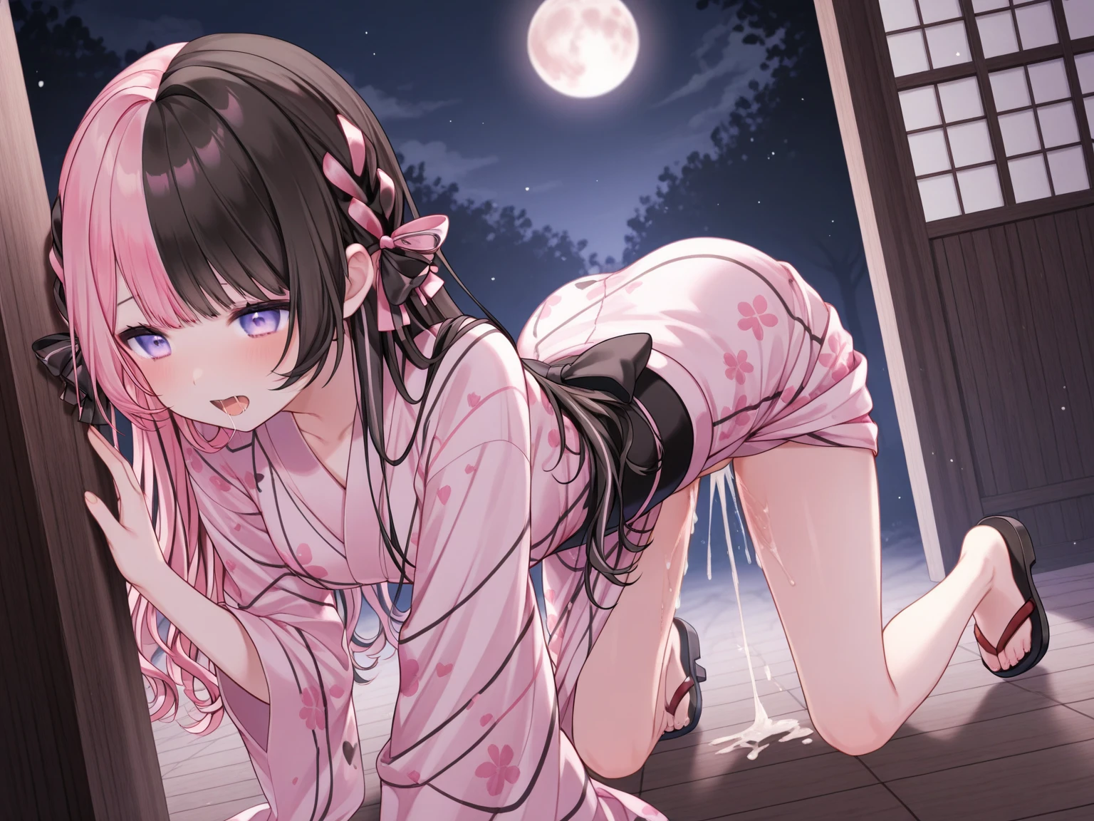 (masterpiece, Highest quality:1.4), Beautiful Face, 8K, 85mm, Absurd, (Floral Yukata:1.4), Face close-up, violet, Gardenia, Delicate girl, alone, night, View your audience, Upper Body, Film Grain, chromatic aberration, Sharp focus, Face Light, Professional Lighting, Sophisticated, (smile:0.4), (Simple Background, Bokeh Background:1.2), detailed aspects,(((Show me your nipples:0.57))),((Very young and small:1.2),(Pink hair with flowers:1),((Show me the vagina:1.5)),(Semen flowing from the vagina),(A remote controlled pink vibrator is inserted into her vagina),(Flowing Tears),(squint),(Micro Mini Skirt Kimono)