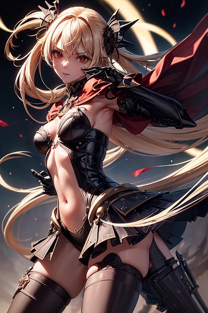 #Basics A girl is posing for a photo, animeのかわいい女の子, (((One Girl, Baby Face, 16 years old))),
BREAK
#Clothing Accessories
(((red on black)Armor with a flame motif:1.4) : Breastplate decorated with red gemstones + belly button + leotard:1.4 + Gauntlet + Knee-high boots with knee pads + A long red cape with shoulder pads, He holds a sword at his waist., Equipped with a shield),
BREAK
#Features
(Blonde:1.4, Bangs that cover the eyes:1.4, (Very long back hair + Thick, curly hair at the back + Wavy back hair + Back hair fluttering in the wind)),
(Droopy eyes,blue eyes), (Small breasts),
BREAK
#expression
(smug face, Grin),
#background environment
((noon, Meadow in a fantasy world +cumulonimbus + I can see the mountains)), #composition (Turning your body to the viewer:1.4, from below:1.4, Cowboy Shot:1.4),
BREAK
#Body parts elements
(Beautiful Hair,Shiny Hair),
(double eyelid, Long eyelashes),
(Expression of fine eyes, Beautiful and delicate eyes, Sparkling eyes, Eye Reflexes),
(Human Ear),
(Beautiful Nose, Thin Nose),
(Glossy lips, Beautiful Lips, Thick lips), (Symmetrical facial features),
(Detailed skin, Textured skin, Beautiful Skin),
BREAK
#Quality
(((highest quality)), ((masterpiece)), ((Very detailed))), ((High resolution), (16k,1080p)),
(Realistic), (Anatomically correct),
((comics, anime)), (3DCG), CG illustration,