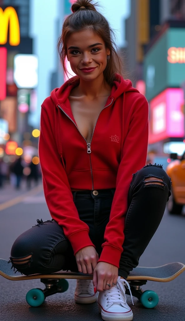 masterpiece、Top image quality、1人の女性、Beautiful woman sitting on the stairs、Legs wide open、Hands between the legs、Hoodie、Detailed facial expressions、Detailed eye、Detailed nose、((Detailed red lips))、((((爆乳))))、Female proportions considered everywhere、Skyscraper District、Sunset between buildings、Large circular earrings、beauty legs