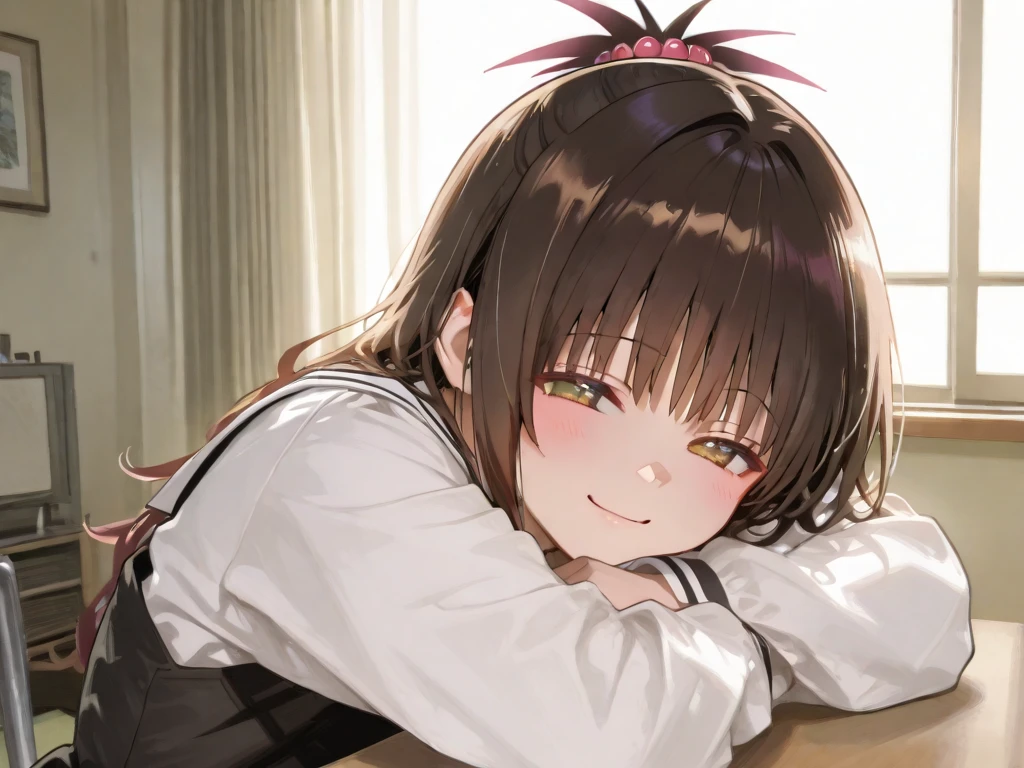 Please draw a high school girl with long brown hair.。Wearing a long-sleeved uniform。Standing with the whole body facing forward。The face is smiling with the mouth closed。Cat eyes and green eye color。Keep your arms down at your sides。Please shoot from the head to the upper body。No pose needed。Plain white background、Remove light and shadow effects。