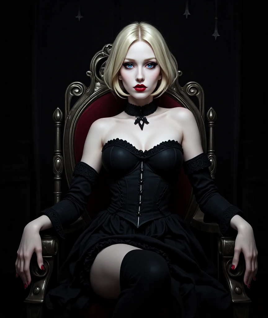 RAW Photos,black light, hair blonde, blonder woman, dark surroundings, Dark masterpiece, mulher fair brown-skinned, SITTING ON A THRONE, throne with thorns, black roses, woman in black dress, posing photo, long hair, hair blonde escuro, black witchcraft, red geometric shiny background, full body size, Eastern fantasy theme, Eyes red, underworld, cold stare, Dark clothes, long and tight, fair brown-skinned, color classification, dark illustration, extreme quality, Radiant, extremely detaild, Face ultra detailed, ultra hd 8k, ultradigitality, mythical, black lightning, Conceital Art Portrait of Greg Rutkowski, artgerm, hyperdetailed, intricately detailed Gothic art, dark gothic fantasy style, triadic colors, Fantastic, intricate-detail, opening screen, colors complementary, fantasy concept art, 8K resolution, masterpiece of gothic deviantart, Heavy strokes, soft lighting, Surrealism