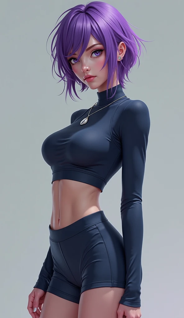 Girl, Short curly light purple hair, Freckles, Septal perforation, Medium breast, He wears a long-sleeved T-shirt and spandex shorts, Heterochromatic blue and brown eyes