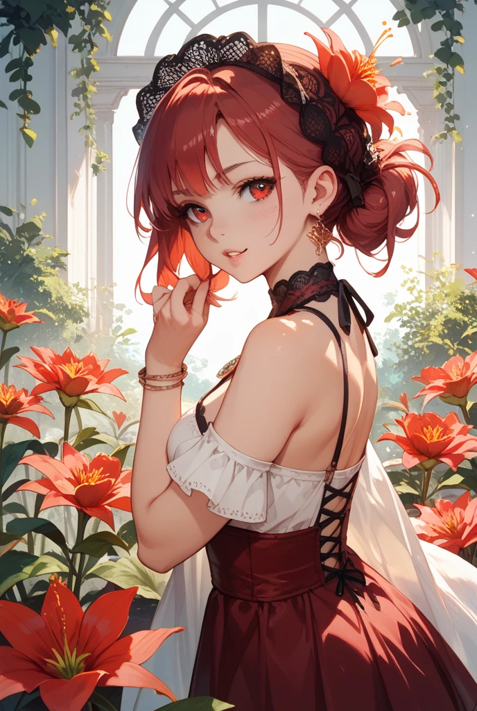 (masterpiece:1.2, best quality), 1milf, white dress, open clothes, (red flowers:1.3), laying, white, red hair, red eyes, mature, big tits, sexy, upper body, closeup face, red lips, tube top, press breast,