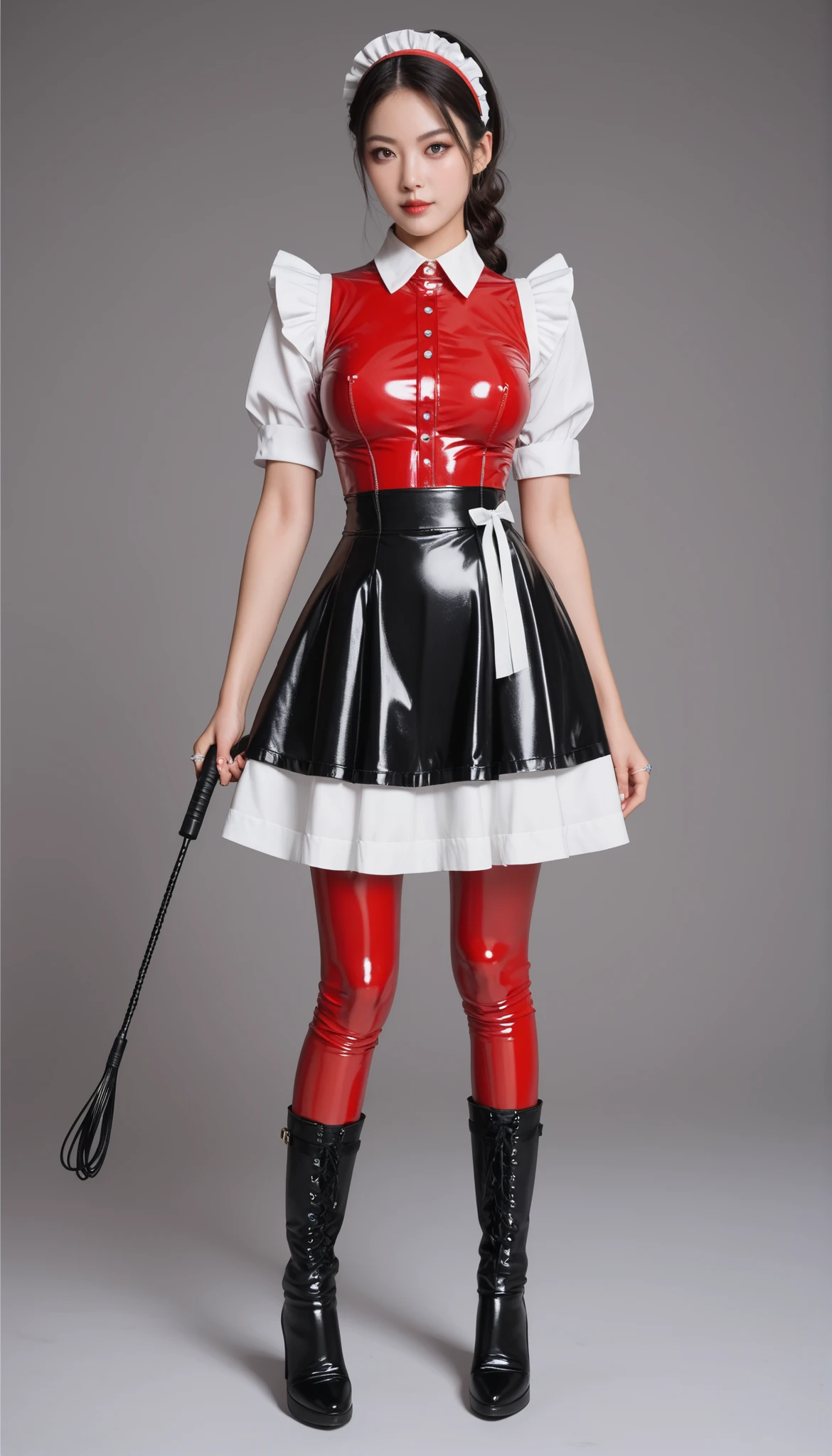 ( top quality )), (( masterpiece fails)), ( in detail), sexy,25+,Japanese,evil,The girl is cute, model-looking whip in his hands, latex maid costume , maid headband , long latex skirt , long latex shirt ,red latex apron, latex tight boots ,covers the whole body, full height,a whip rolled up in a ring is holding in his hands,