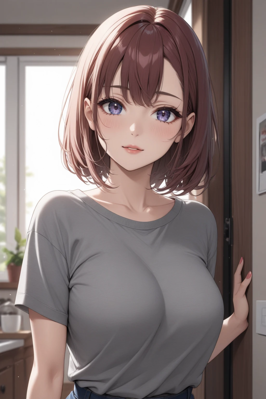 ((masterpiece)), ((best quality)), (detailed), ((mature female)), (medium skin), medium fluffly moptop bob cut, (blunt bangs), brown hair, ((tareme)), large breasts, photograph, beautiful detailed face, detailed eyes, ((night hotel room)), (embarrassed:1.2), ((bathrobe)), (parted lips), ((upper body))