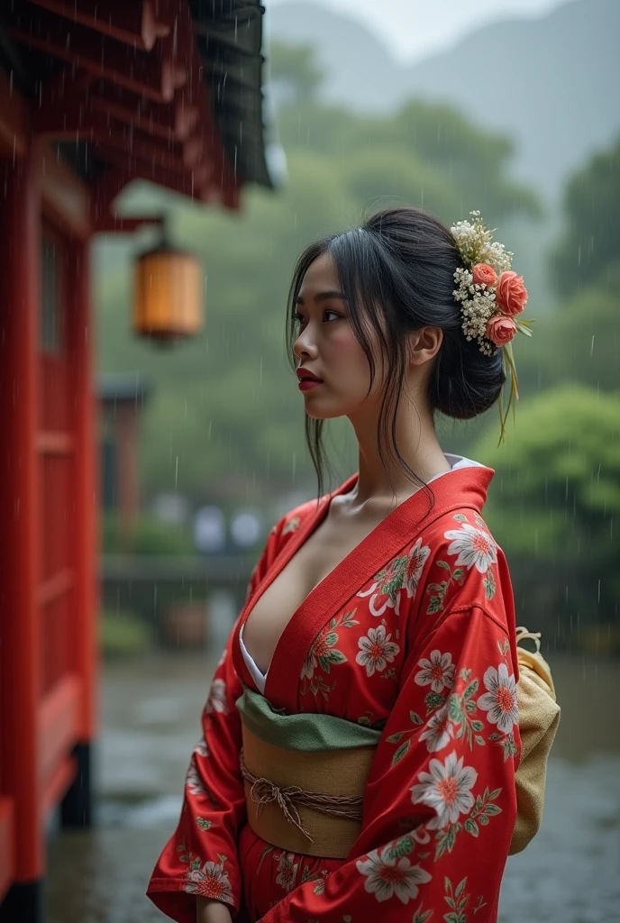beautiful japanese woman with big breasts in revealing kimono, autumn, autumn yellow leaves falling, strong wind, raindrops, fan in hands, walking slowly