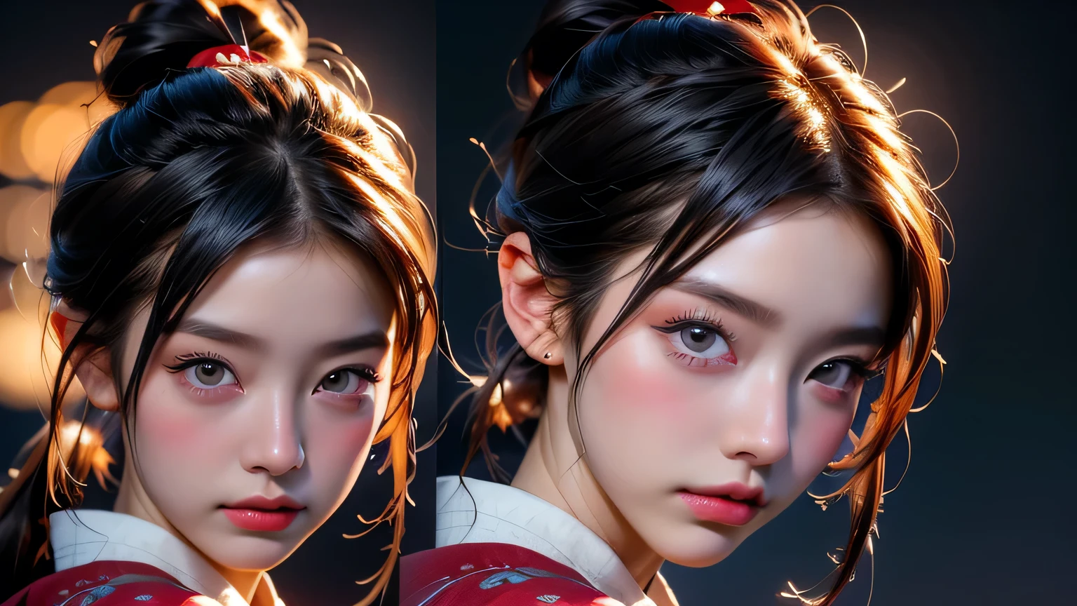 ((best best quality)), ((MasterPiece)), (Detail:1.4), 3D, A beautiful cyberpunk female image,HDR(high dynamic range),RayTrace,nvidia rtx,The ultra-Resolution,Unreal 5,Subsurface scattering、pbr texturing、postprocessing、Anisotropic Filtering、depth offield、Maximum Clarity and Clarity、Many-Layer Textures、Albedo and Specular map、Surface coloring、Mitsu-Accurate simulation of material interactions、Perfect Scale、octanerendering、Two-colored light、large aperture、low ISO、white balance、Rule of Thirds、8K RAW、beautiful bright pupils,flowing robe,Fine pupils,Detailed face and eyes,Long Lashes,Blushlush,voluminous hair,Tender red lips