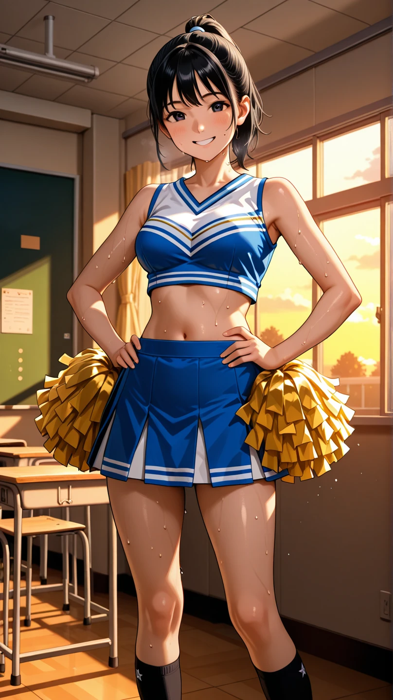Browsing Caution,(((Perfect Anatomy, Anatomically correct, Very detailedな肌))), 1 girl, Japanese, high School girl, Shiny skin, Observe the audience, ((Back view, From below)), Beautiful Hair, Beautiful Face, Beautiful details, (short hair:1.1, Bobcut:1.2), Dark blonde hair:1, blue eyes, Baby Face, Mole under the eye, Beautiful clavicle, Beautiful body, Beautiful breasts, Big Breasts:0.5, Beautiful thighs, Beautiful legs, Camel Toe, (((Blue Sleeveless Cheerleader:1.2))), ((Thigh-high boots)), Removable sleeve, Captivating thighs, ((Embarrassing, Scared, sad, tears, cry, Half-open mouth)), Are standing, (((Leaning forward), Take off, Raise one leg, Pull on white panties)), (Beautiful views), summer, School, locker room, 8k, highest quality, Masterpiece:1.2, Very detailed), (Realistic), Beautiful illustrations, Natural light, whole body,