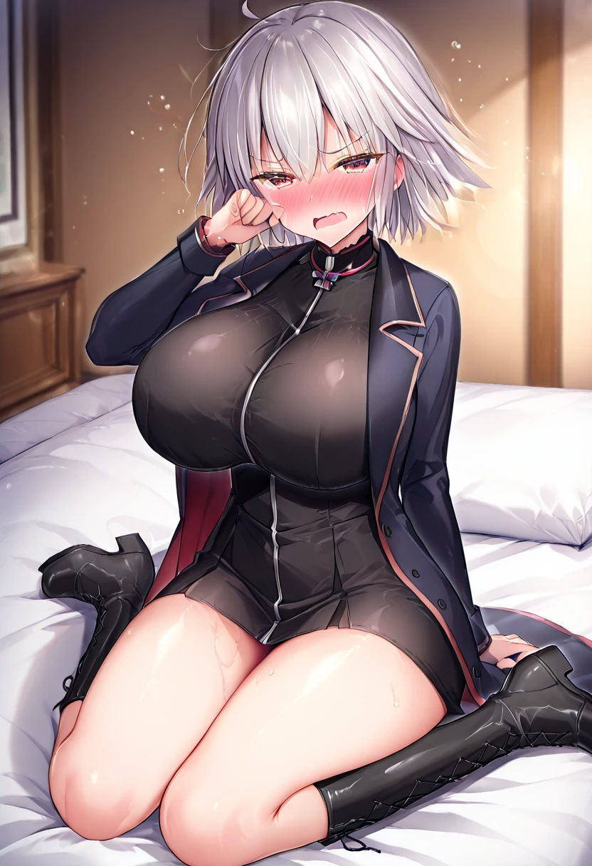 1girl, (solo), (NSFW), ((ultra detailed background, delicate pattern, intricate detail)), (best quality), (masterpiece), (highres), top quality, (detailed textures), (beautiful detailed eyes), (sharp focus), (ultra-detailed), (8k), (full body:1.4), (lying:1.4), (spread legs:1.4) uncensored, pussy juice, realspreadpussy, yorha no. 2 type b, bangs, ((black blindfold)), black dress, dress, hairband, hair between eyes, black gloves, juliet sleeves, long sleeves, mole, mole under mouth, nier (series), nier automata, puffy sleeves, short hair, turtleneck, white hair, (black pantyhose), (naughty face), (excited:1.2), open mouth, ((heavy breathing)), (black pantyhose), (feet101, feet, two feet, female feet) (armpits), (naked:1.4), (((blush))), beautiful detailed glow, lots of glow, blushing, brilliantly lit, (indoors, white bed, bedroom, day, window), very detailed, areola slip, beautiful body line, (large breasts:1.4), sexy breasts, mature female, shiny skin, cute, (Delicate figure and beautiful body curves:1.2), (looking at viewer, sensual smile:1.1), high resolution, high detail, Correct limbs, Ultra High Resolution, 4K, Ultra Detail, photography, HDR, Background blur, (vibrant_color:1.2), (beautiful_face:1.5), (narrow_waist), wallpaper, (beautiful detailed eyes:1.6), (extremely detailed face:1.4), perfect lighting, (picture perfect), extremely detailed CG