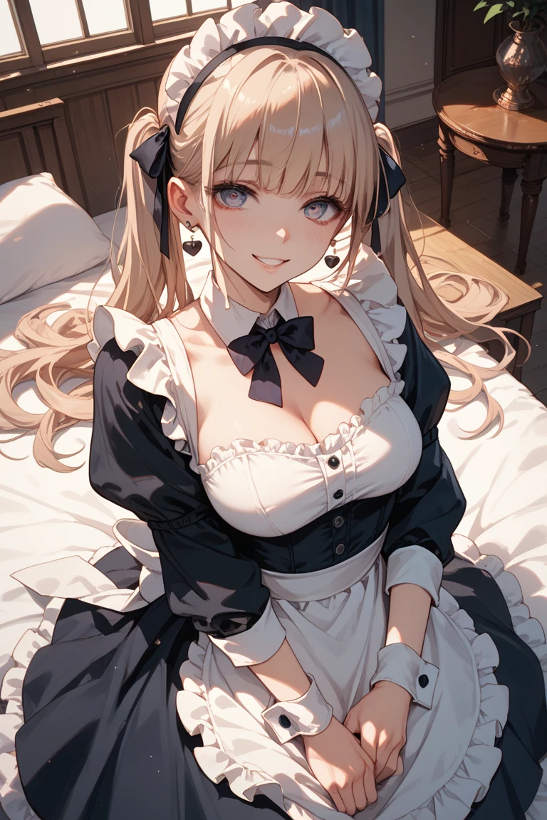 The luxurious and high-class Victorian maid outfit is evenly decorated with gorgeous gold embroidery and edging, and the blouse, apron, and headband also have gorgeous gold embroidery and edging.、((Highest quality)), ((masterpiece)), (detailed), (Perfect Face)、The woman is Tierre, with green eyes, medium-long blonde hair, a Victorian maid outfit and maid headband, jeweled earrings, and an engagement ring.、The woman is smiling fondly in a luxurious room、The Victorian maid uniform is a calm, old-fashioned type with long sleeves and a long skirt, decorated with luxurious gold embroidery and edging.、The woman is lying on the bed with her legs open, inviting sex.