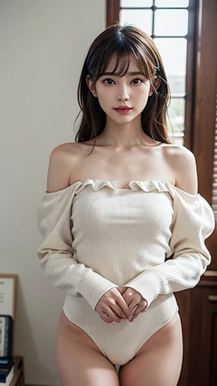 top quality、Draw details、​Masterpiece、ultra high resolution、(actual:1.4)、original photo、(Put your head in it, On the waist), beautiful turd, young又可爱、Smile、(long brown hair:1.5)、(young:2), 1 girl、fair and clean skin、(A slender one:1.3)、(Beige knitwear:1.5)、(simply white background:1.5), brake, (firm breast, big breasts, Good shape:1.5)、 (thin waist, Thin arms, thin neck, thin shoulde:1.2)、(Clean face details:1.2)