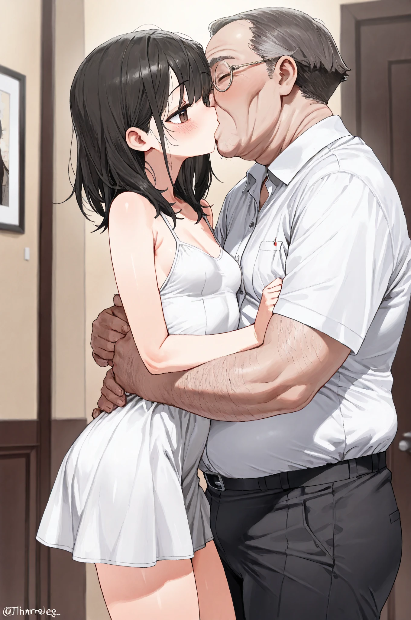 The man in his 45s with black very short hair and smooth face with moustache. The woman in her 45s with brown wavy long hair. The man is wearing an unbuttoned white shirt. The woman is wearing a black garter. Night, dark, dim. In bedroom. The man is standing. Oral sex. The man is holding the woman's hair. Orgasm. Passion. Erotic. Realistic. Ultra realistic.